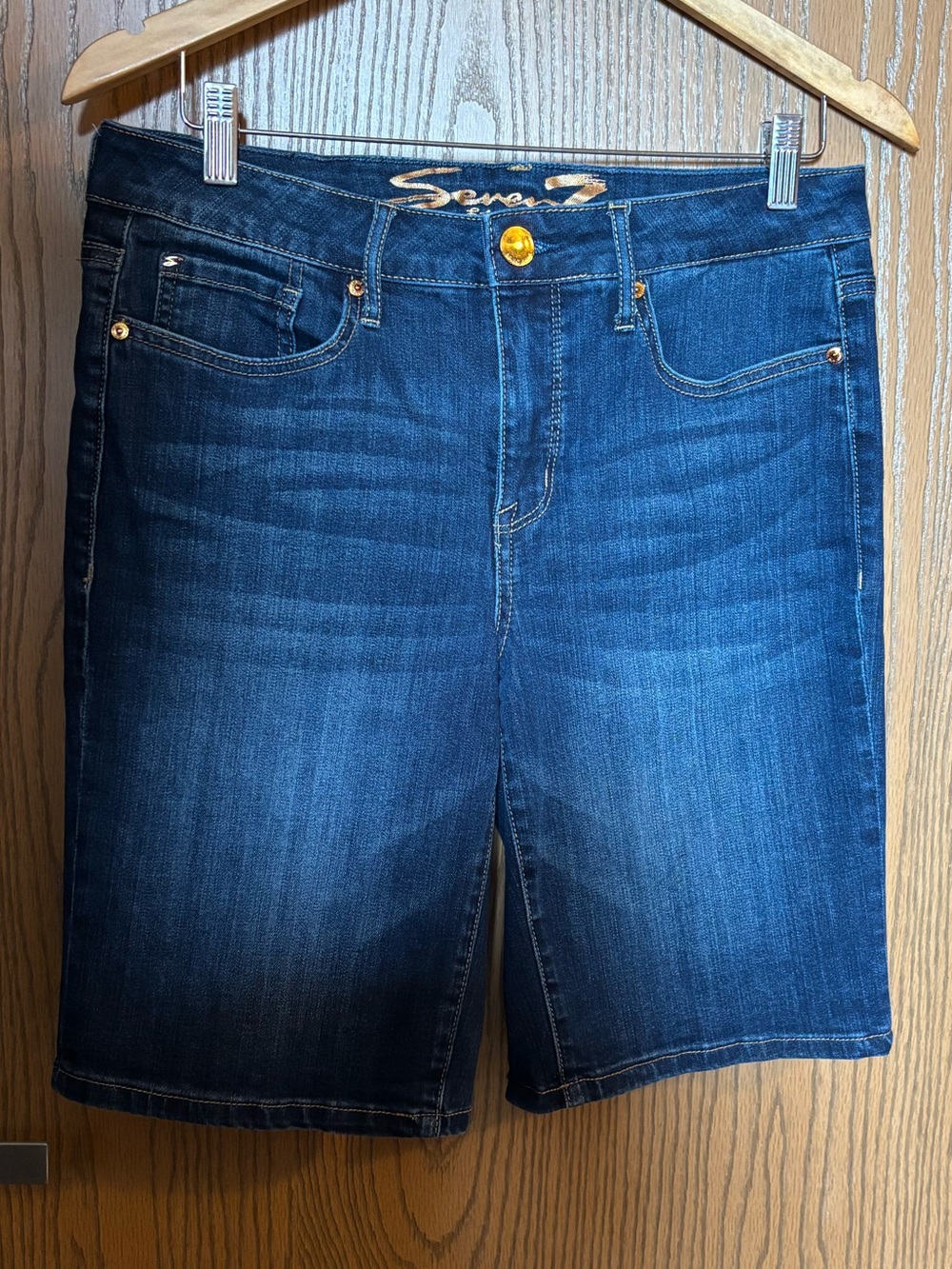 Seven7 Blue Denim Shorts with Gold Logo Detail